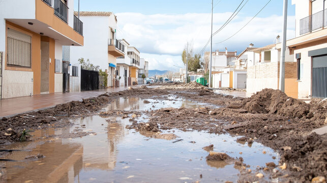 Aftermath of the flood in Alfafa shows damaged street and debris