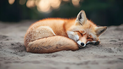 A serene fox curled up and sleeping peacefully on sandy ground, showcasing its vibrant orange fur in a tranquil outdoor setting.