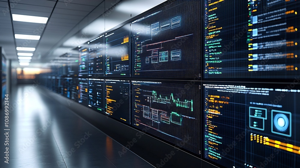Poster Futuristic control center with advanced monitoring and adjustment systems for renewable energy storage ensuring grid stability and efficient power management for the future