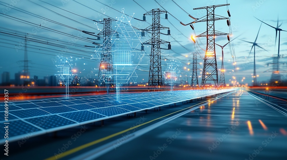 Aufkleber Intelligent Grid System Optimizing and Harmonizing Energy from Solar Wind and Traditional Sources for Urban Power Management and Sustainability