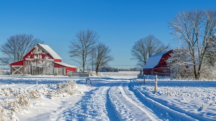 Charming Winter Views: Snow-Clad Farmland Under a Clear Sky