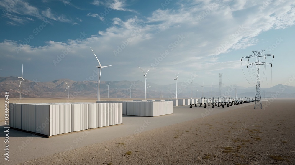 Aufkleber of an AI driven power storage and distribution system that balances energy from renewable sources like solar and wind with traditional fossil fuel power plants