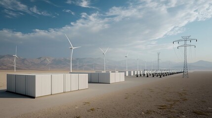 of an AI driven power storage and distribution system that balances energy from renewable sources like solar and wind with traditional fossil fuel power plants