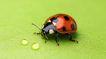 Fototapeta premium A close-up of a vibrant ladybug on a green leaf, with water droplets nearby, showcasing the beauty of nature and insect life.