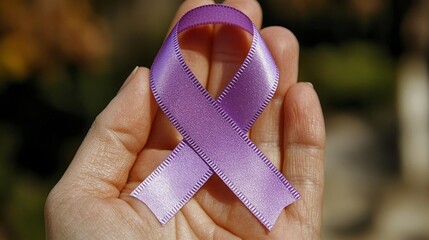 A hand displays a purple ribbon, representing solidarity and support for cancer awareness during World Cancer Day celebrations worldwide