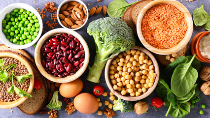 Vegan Protein food sources selection, leguminous and vegetables