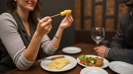 A girl in a restaurant with a man, holding a skewer with cheeses in her hands, the man has an empty glass in his hands. Romantic dinner in a restaurant.