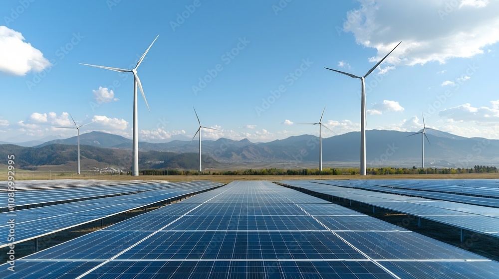 Poster aerial view of a renewable energy landscape featuring solar cells and wind turbines in a smart grid 