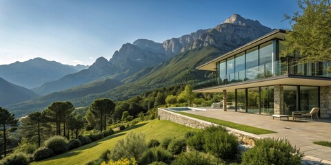 Modern Luxury Villa Exterior in the Mountains - Stunning Architecture, Serene Landscape, High-Quality Image for Real Estate and Travel