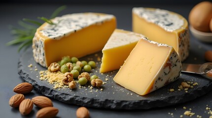 Blue cheese with mold lies on a dark stone board, with peeled pistachios and almonds nearby. Snacks for wine.