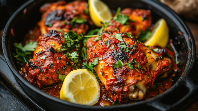High-angle view of backhendl with a garnish of fresh lemon wedges and herbs