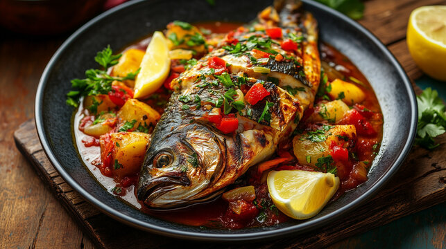 High-angle view of backhendl with a garnish of fresh lemon wedges and herbs