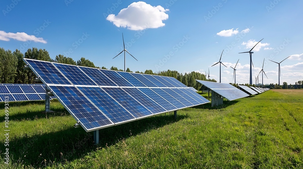 Aufkleber Advanced energy storage technologies and renewable energy with solar panels and wind farms connected to a smart grid infrastructure highlighting sustainability efficiency and the future of clean power