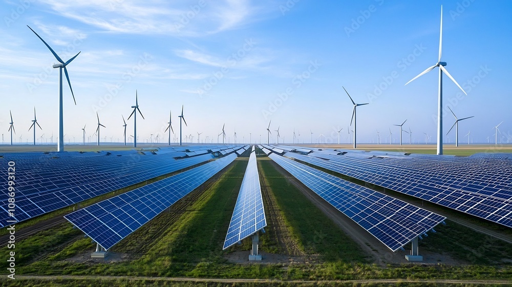 Poster Advanced energy storage and renewable energy with solar panels and wind farms connected to an intelligent and efficient smart grid system