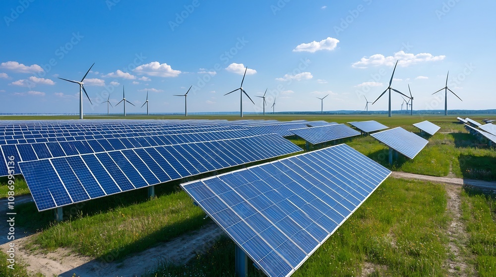 Poster innovative energy storage solutions and renewable energy with solar panels wind turbines and a sophi