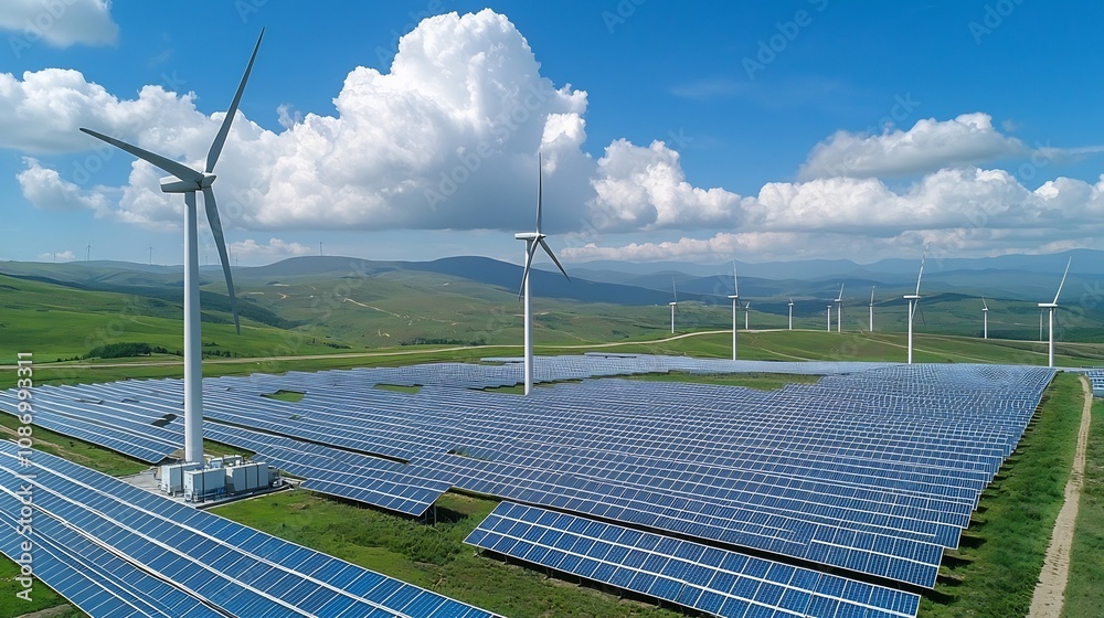 Aufkleber Smart Grid Network Combining Solar and Wind Energy with Advanced Storage Systems for a Balanced and Efficient Power Supply