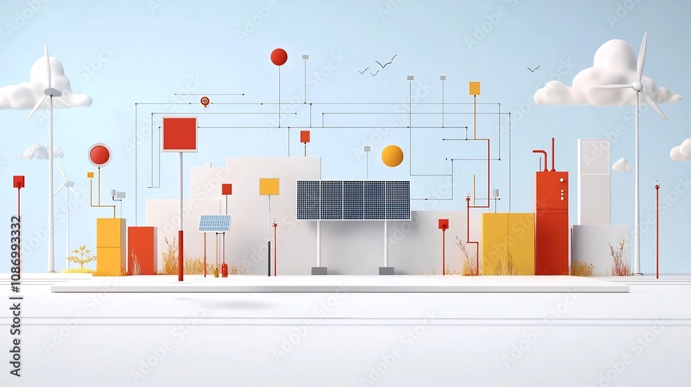 Fototapete Futuristic cityscape with a smart power grid system utilizing solar panels and wind turbines to generate clean renewable electricity and store it in energy storage systems for efficient