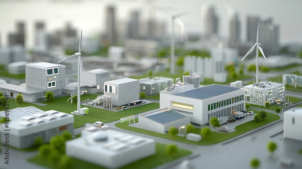 Aufkleber aerial view of a futuristic and sustainable urban area powered by a smart grid that integrates solar