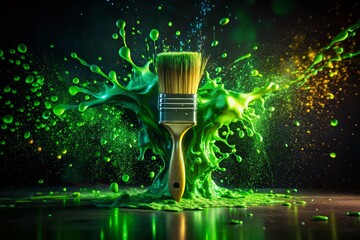 Night Photography of a Paint Brush Surrounded by Vibrant Green Paint Splashes Creating an Artistic Atmosphere with Captivating Lighting and Textures for Creative Projects