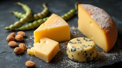 Blue cheese and hard elite cheese with almonds on the table. Pikadon on the table. A wheel of Montebloun cheese.