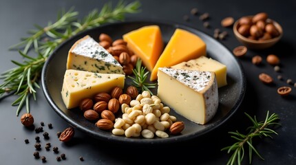 Cheese slices of elite varieties of French and Swiss cheeses. Sliced ​​cheese on a plate with nuts. Blue cheese.