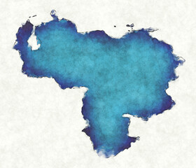 Venezuela map with drawn lines and blue watercolor illustration