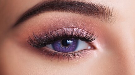 Obraz premium Close-Up of Vibrant Purple Eye with Lush Eyelashes and Soft Makeup, Highlighting Intricate Details and Colorful Contrast for Beauty and Fashion Photography