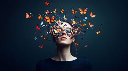 A surreal image of a woman"s head bursting with colorful butterflies, symbolizing creativity, transformation, and the beauty of imagination.