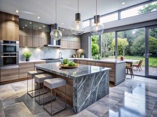 Elegant Double Exposure of a Modern Kitchen Featuring Grey Slate and Marble in a European Style, Showcasing Minimalist Decor and Luxury Living for Contemporary Homes