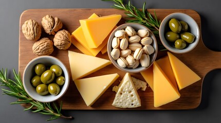 A variety of hard cheeses on a wooden board, green olives, pistachios and walnuts lie nearby. Blue cheese with mold as an appetizer for wine.