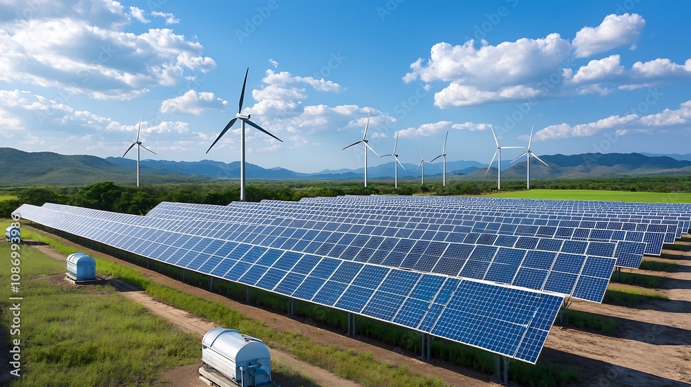Poster conceptual of a smart grid system that combines renewable energy sources like solar and wind power w