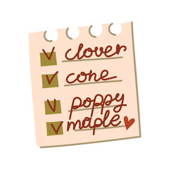 Paper stickers for notes. Sticker sheets with the text of the herbarium. Pages for reminders, stickers for a notebook, a blank for an office whiteboard for managing goals for messages. Herbarium List