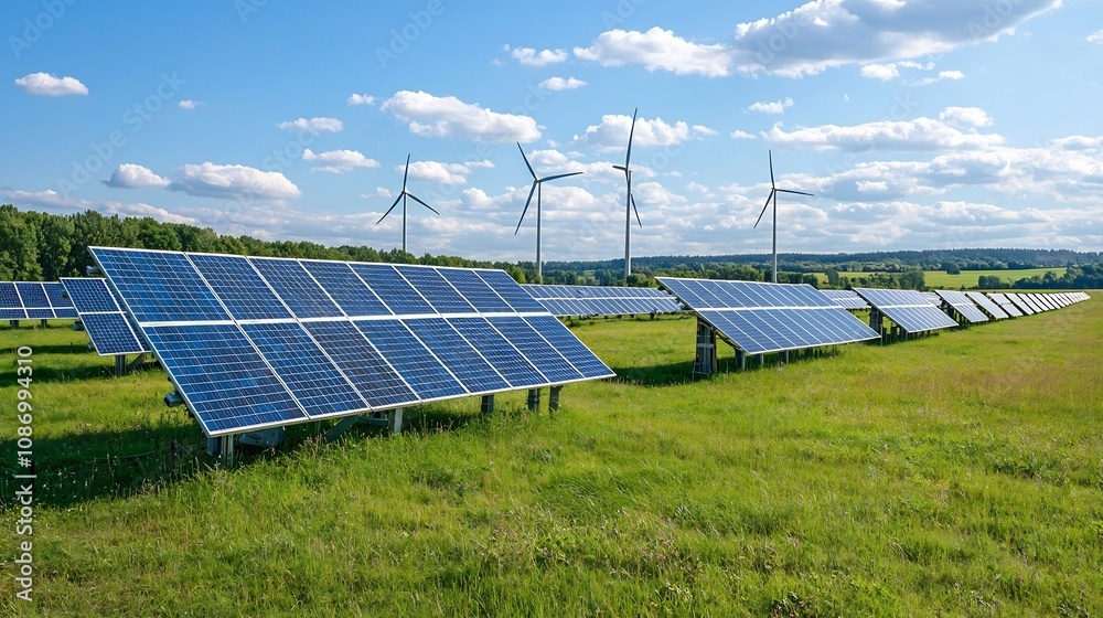 Poster renewable energy storage hub with solar cells and wind turbines managed by an intelligent smart grid