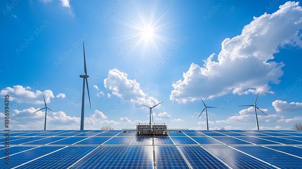 Fototapete integrated renewable energy storage hub with solar cells and wind turbines managed by a smart grid s