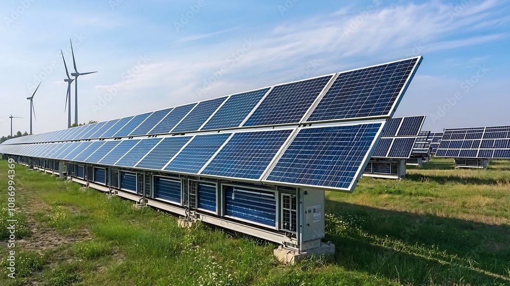 Fototapete sustainable energy storage hub with solar cells and wind turbines managed by advanced smart grid tec