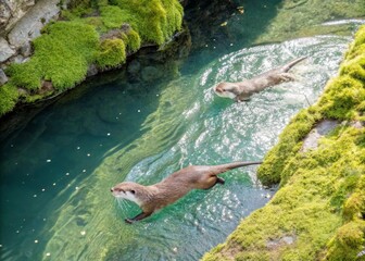 Obraz premium Playful Otters Sliding Down a Mossy Riverbank into Clear Water with Ripples