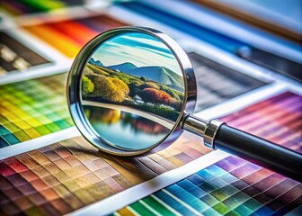 Minimalist Close-Up of a Magnifying Glass Examining Print Quality in the Printing Industry, Showcasing Media Graphics Proof Print with Selected Focus and Soft Background