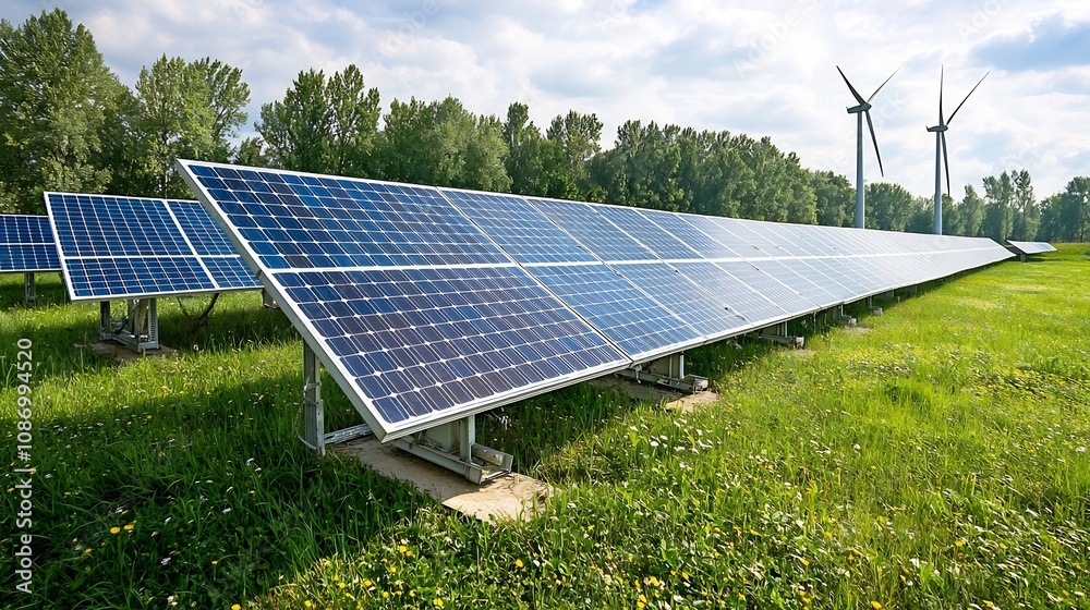 Poster Advanced real time renewable energy storage system featuring solar panels and wind turbines integrated within a smart grid framework for efficient power and distribution