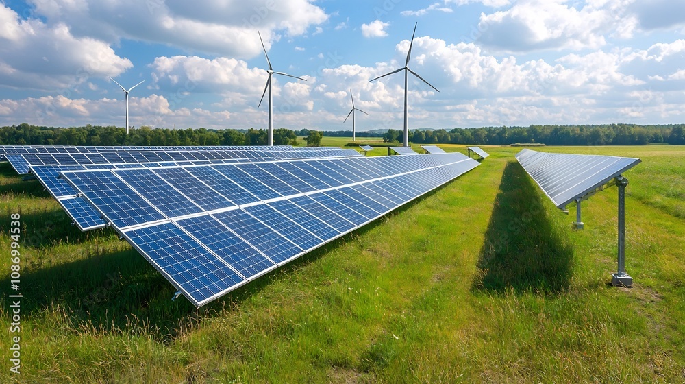 Poster real time renewable energy storage system featuring solar panels and wind turbines integrated within