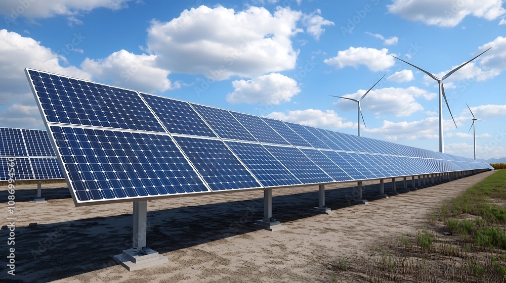 Poster Futuristic real time renewable energy storage system featuring solar panels and wind turbines integrated within a smart grid infrastructure for efficient electricity management