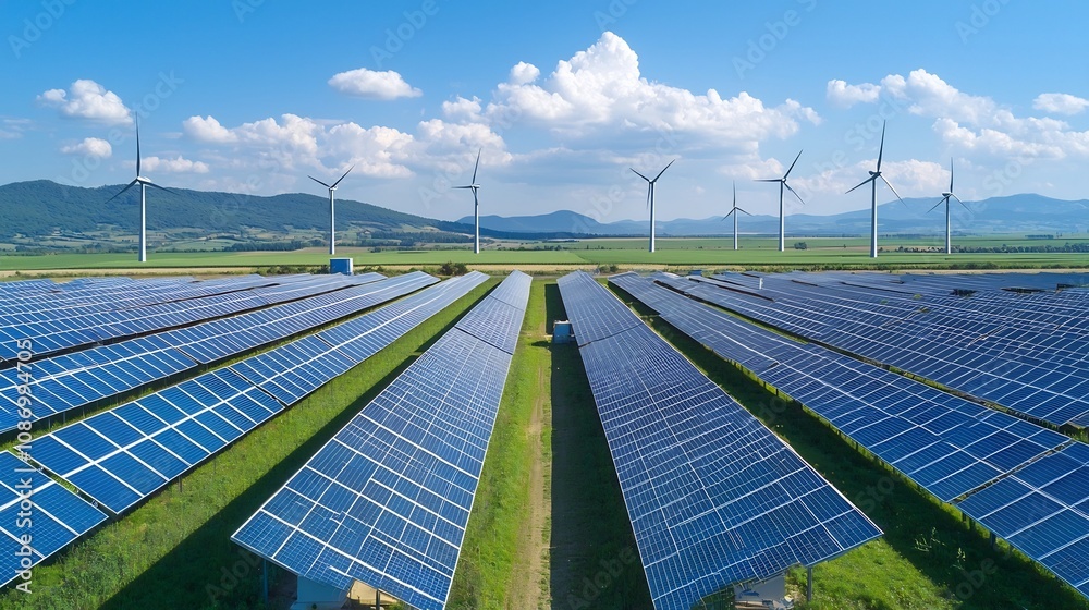 Poster sustainable energy solution showcasing solar panels and wind farms connected to a smart grid with en