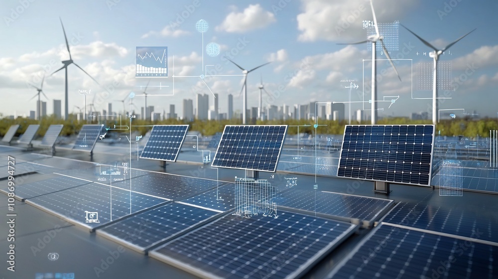 Fototapete Integrating clean energy technologies like solar panels and wind turbines into a smart grid system with efficient energy storage solutions to provide sustainable and reliable power for the future