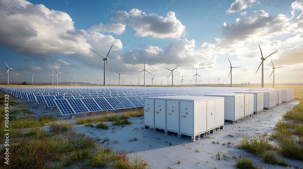 Fototapete renewable energy with solar cells and wind turbines in smart grid system for efficient power and sto