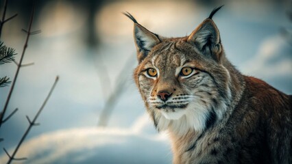 Obraz premium Realistic Lynx Portrait with Intense Expression Captured in Stunning Tilt-Shift Photography, Showcasing the Wild Beauty of Nature and the Lynx's Striking Features in a Dreamlike Setting