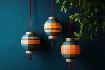 Obraz premium Three paper balls in the shape of Christmas ornaments, with green and beige stripes and patterns on them, red ribbons tied to their ends