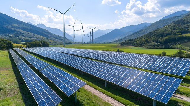 Integrated clean energy system featuring solar photovoltaic cells and wind turbines in a smart grid network with efficient energy storage solutions for sustainable power and distribution