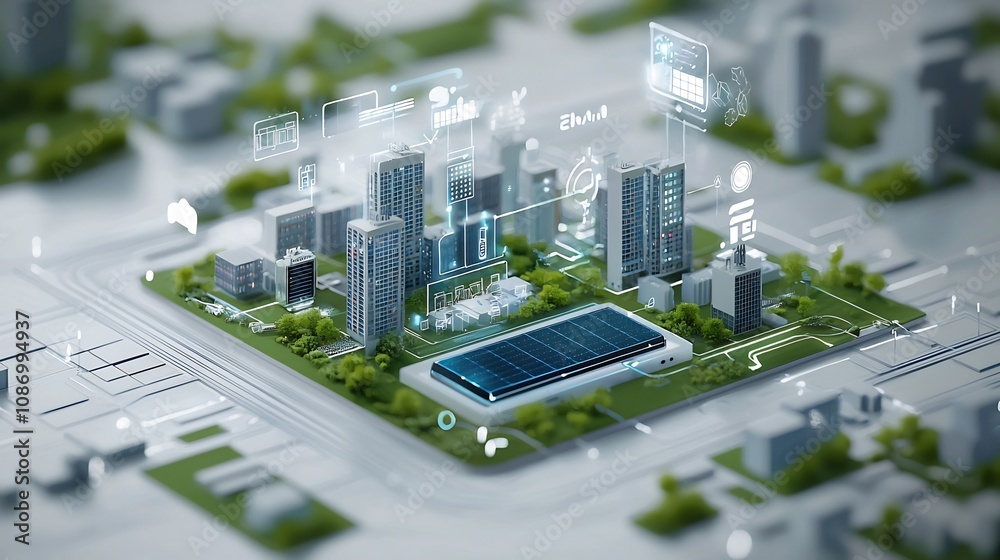 Poster Conceptual of a futuristic smart city powered by an advanced renewable energy grid system with battery storage for optimized energy consumption