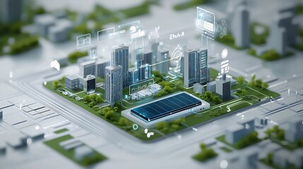 Conceptual of a futuristic smart city powered by an advanced renewable energy grid system with battery storage for optimized energy consumption