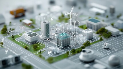 Conceptual smart city with a sustainable energy grid system utilizing renewable sources like solar wind and hydroelectric power