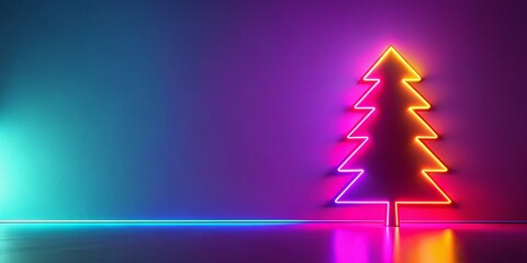 Minimalist Neon Christmas Tree on a Vivid Background with Copy Space for Holiday Greetings and Festive Decorations